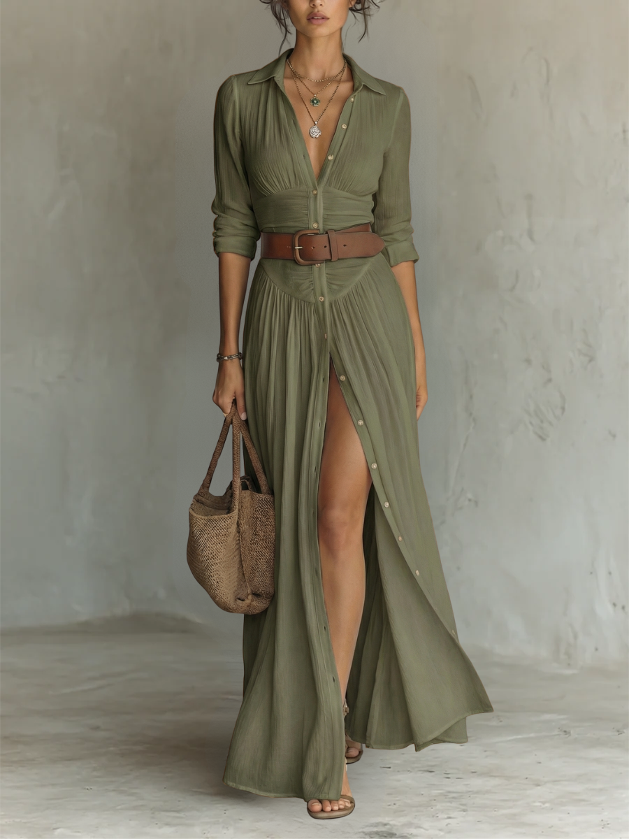 Cassia™ | Maxi-Robe en Lin à Col Revers