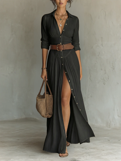 Cassia™ | Maxi-Robe en Lin à Col Revers