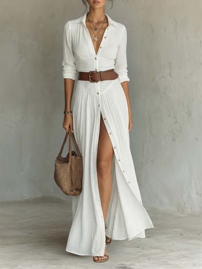 Cassia™ | Maxi-Robe en Lin à Col Revers
