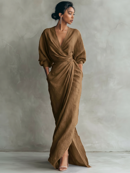 Teresina™ | Robe Maxi Rose Col V en Lin