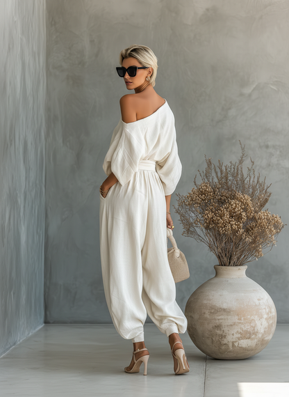 Brigittea™ | Ensemble en Lin Top Bardot et Pantalon Fuselé