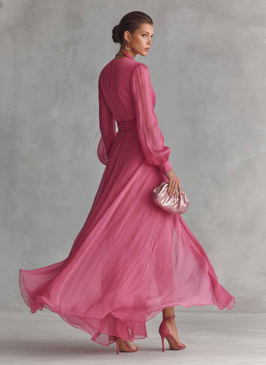 Ysolde™ | Robe Longue en Mousseline Rose à Perles