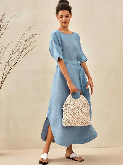 Émilie™ | Robe longue en lin coupe kimono