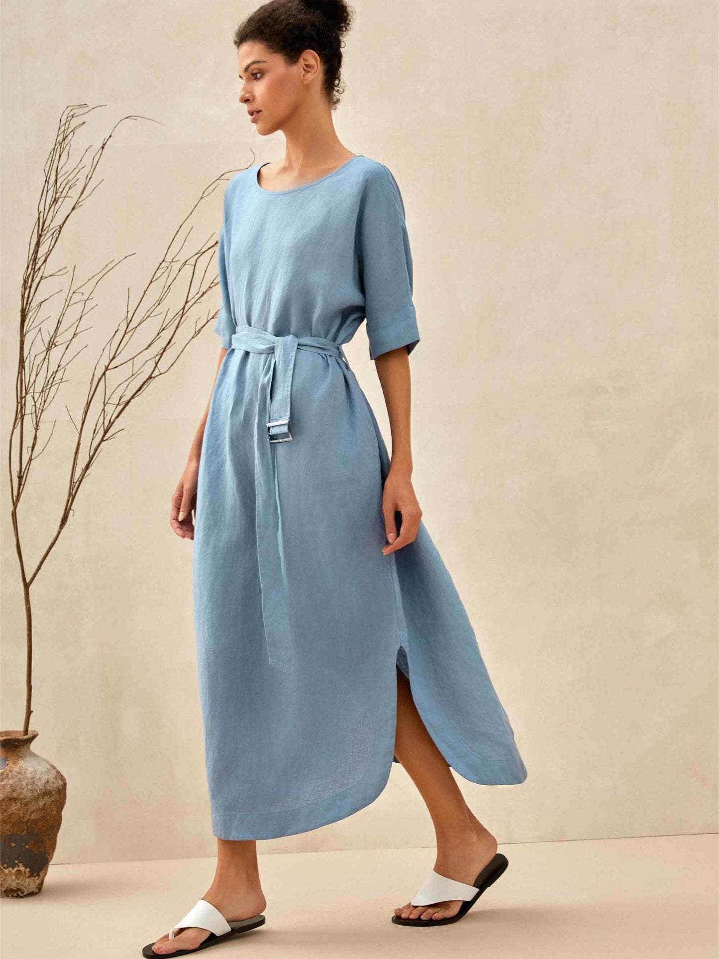 Émilie™ | Robe longue en lin coupe kimono