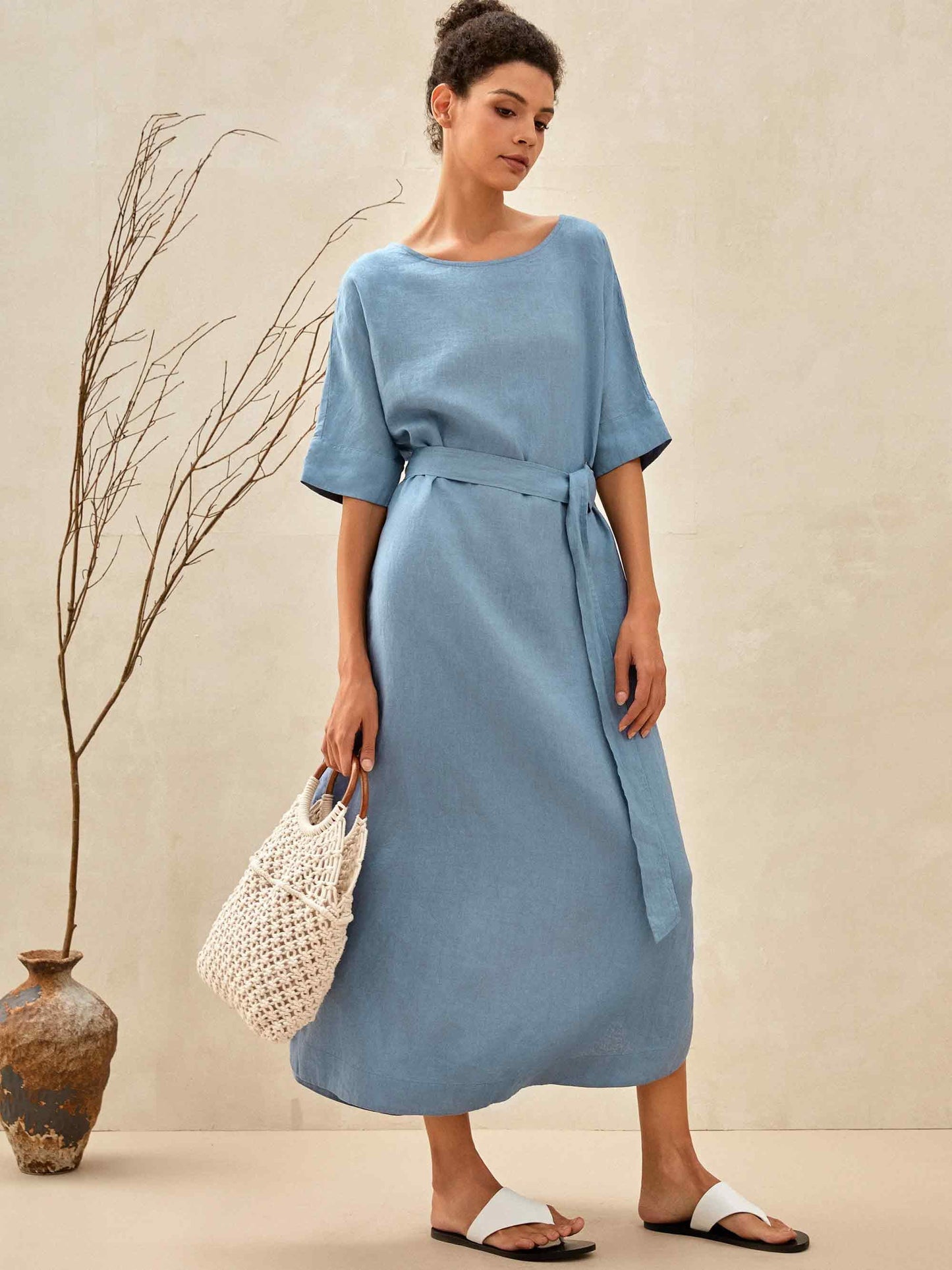 Émilie™ | Robe longue en lin coupe kimono