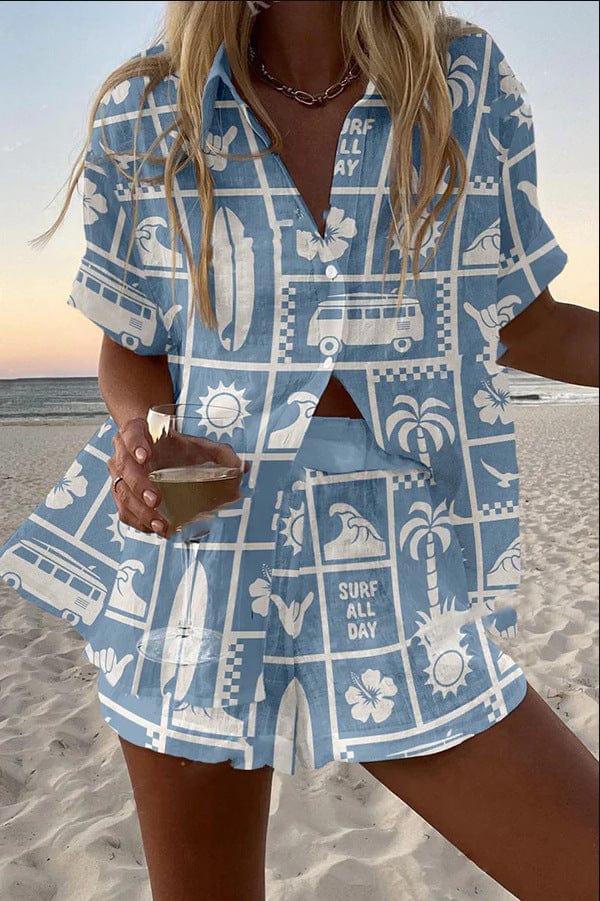 Marissa™ | Bedrucktes Leinen-Baumwoll-Set aus Hemd und Shorts