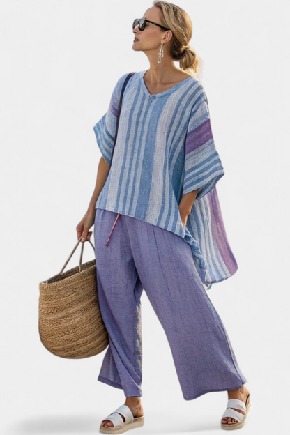 Carlotta™ | Ensemble rayé lavande &amp; bleu avec pantalon en lin