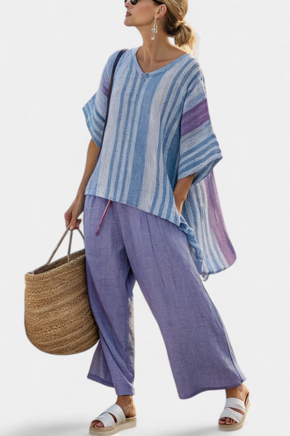 Carlotta™ | Ensemble rayé lavande &amp; bleu avec pantalon en lin