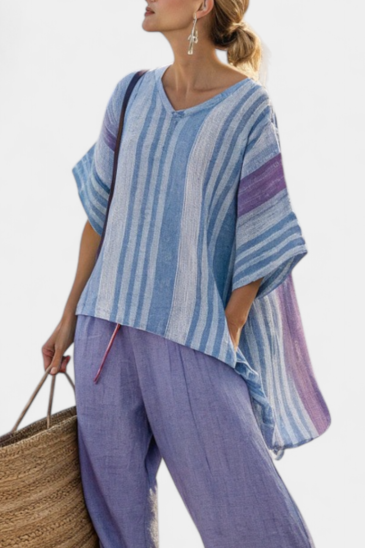 Carlotta™ | Ensemble rayé lavande &amp; bleu avec pantalon en lin