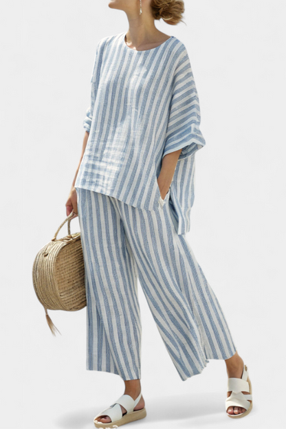 Federica™ | Ensemble lin rayé bleu &amp; pantalon fluide