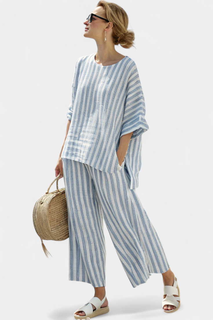 Federica™ | Ensemble lin rayé bleu &amp; pantalon fluide