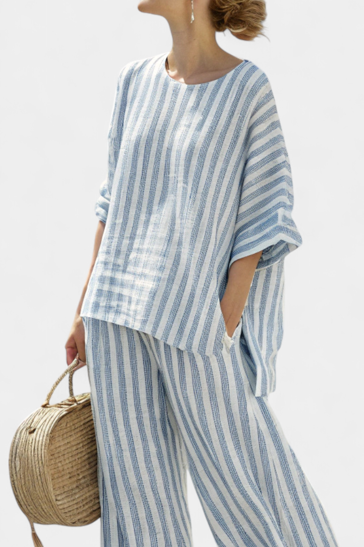 Federica™ | Ensemble lin rayé bleu &amp; pantalon fluide