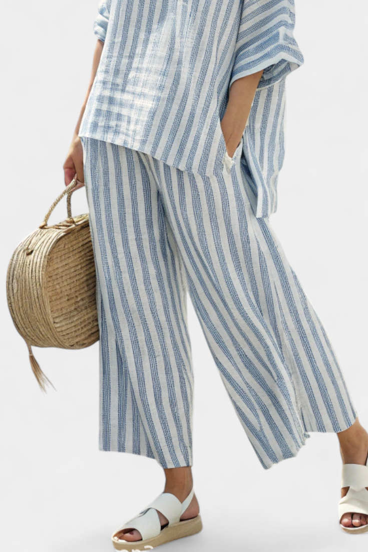 Federica™ | Ensemble lin rayé bleu &amp; pantalon fluide