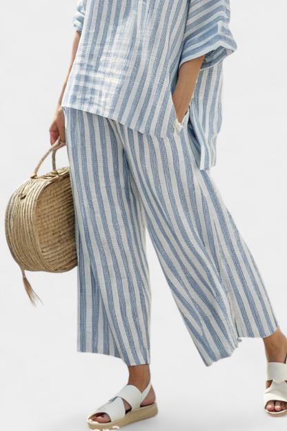 Federica™ | Ensemble lin rayé bleu &amp; pantalon fluide
