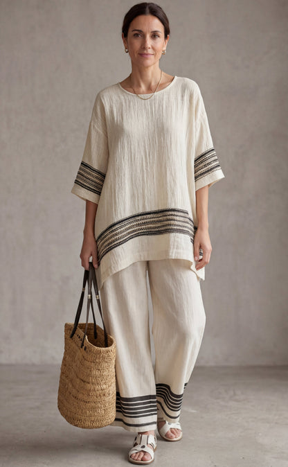 Mariella™ | Ensemble haut rayé &amp; pantalon fluide