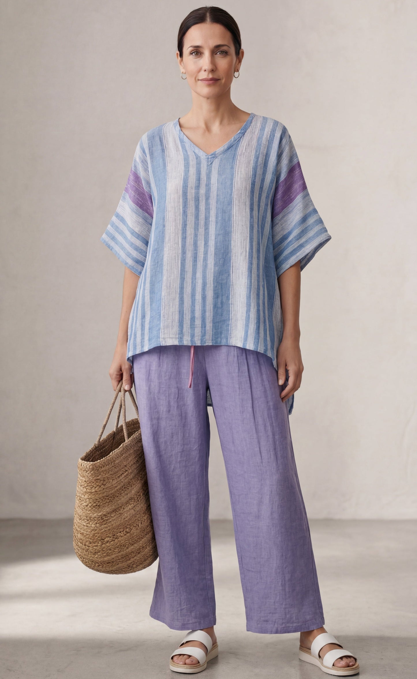Carlotta™ | Ensemble rayé lavande &amp; bleu avec pantalon en lin