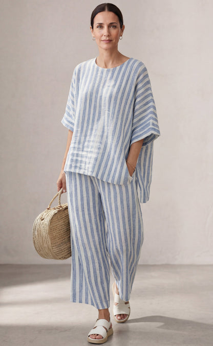 Federica™ | Ensemble lin rayé bleu &amp; pantalon fluide