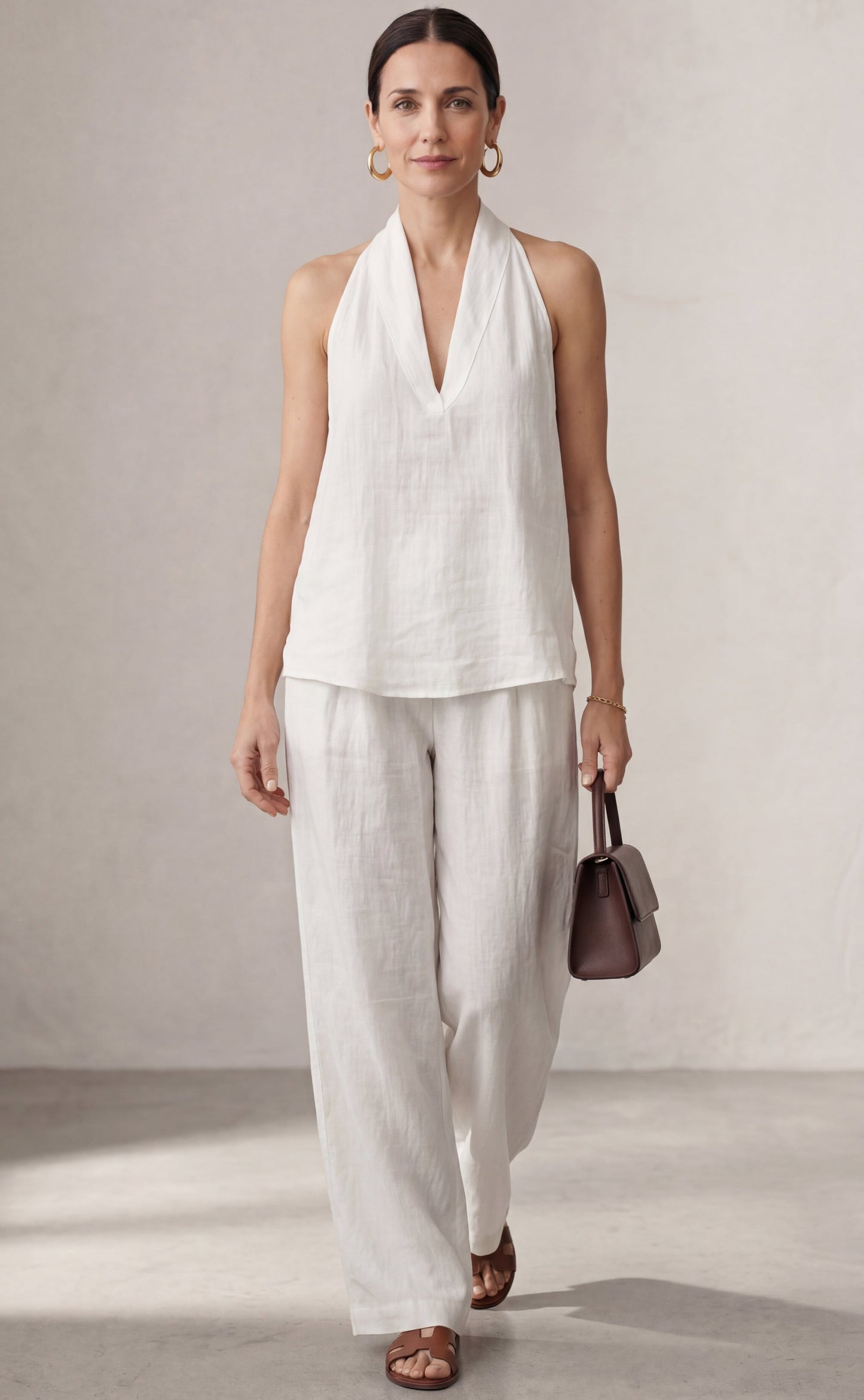 Samira™ | Ensemble lin col V &amp; pantalon fluide