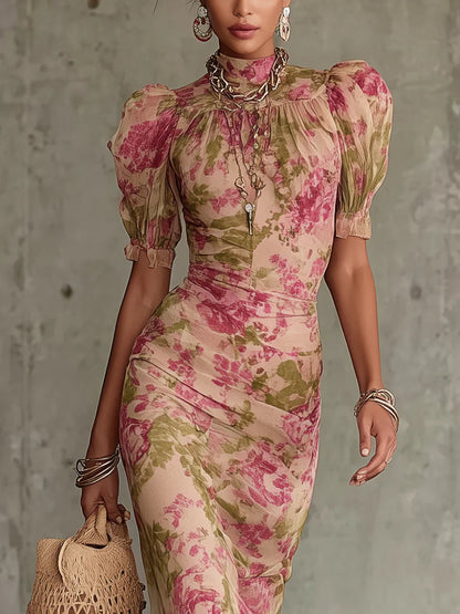 Vintage™ | Robe longue rose imprimée