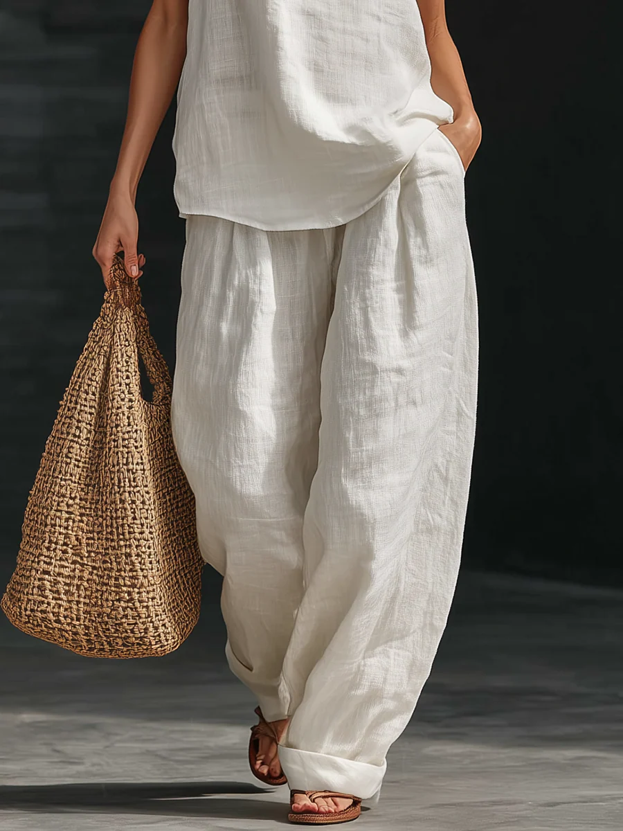 Samira™ | Ensemble lin col V &amp; pantalon fluide