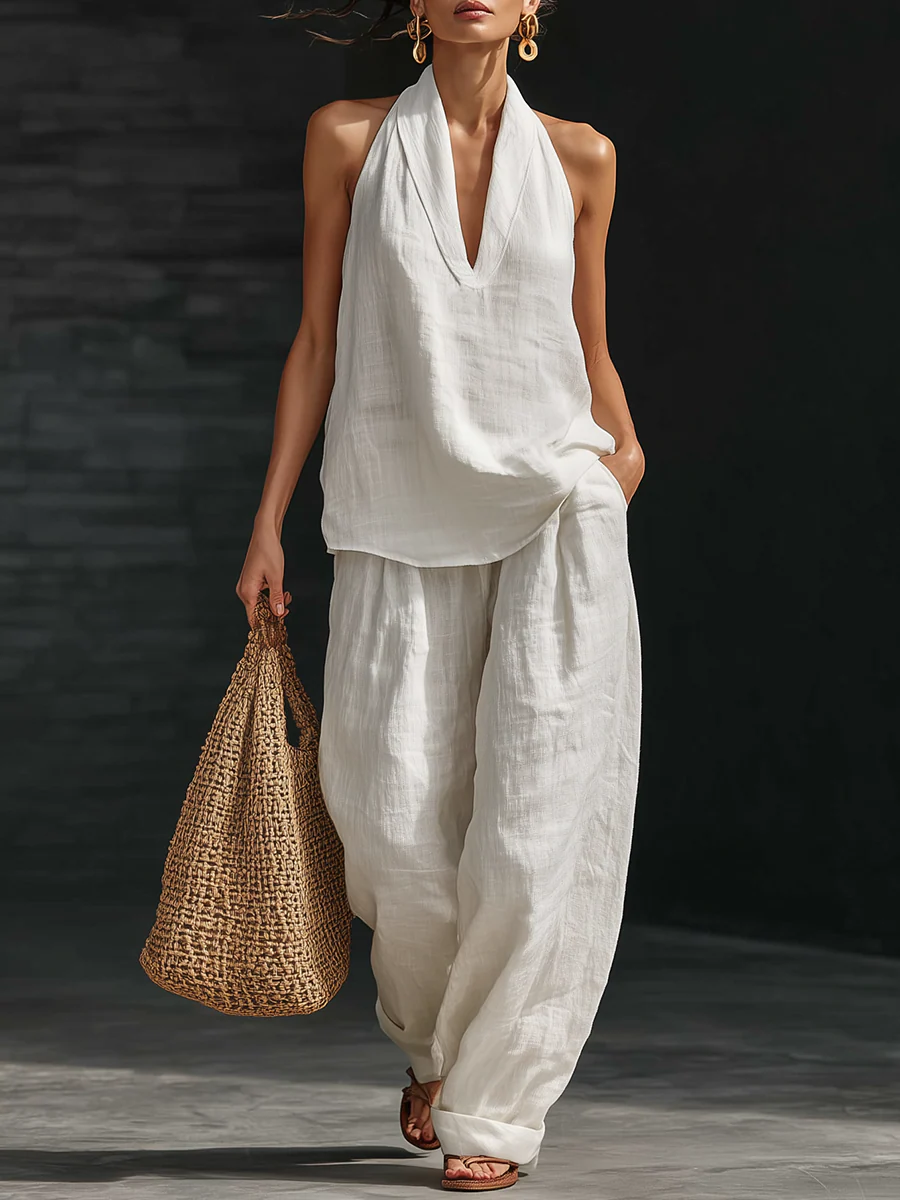 Samira™ | Ensemble lin col V &amp; pantalon fluide
