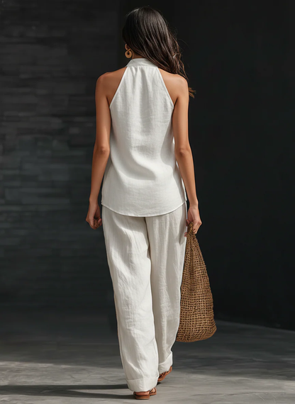 Samira™ | Ensemble lin col V &amp; pantalon fluide