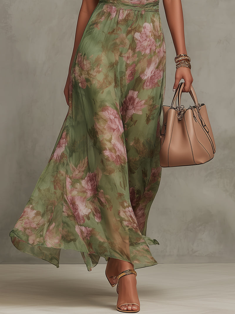 Dos Nu™ | Robe longue en mousseline fleurie verte