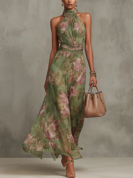 Dos Nu™ | Robe longue en mousseline fleurie verte
