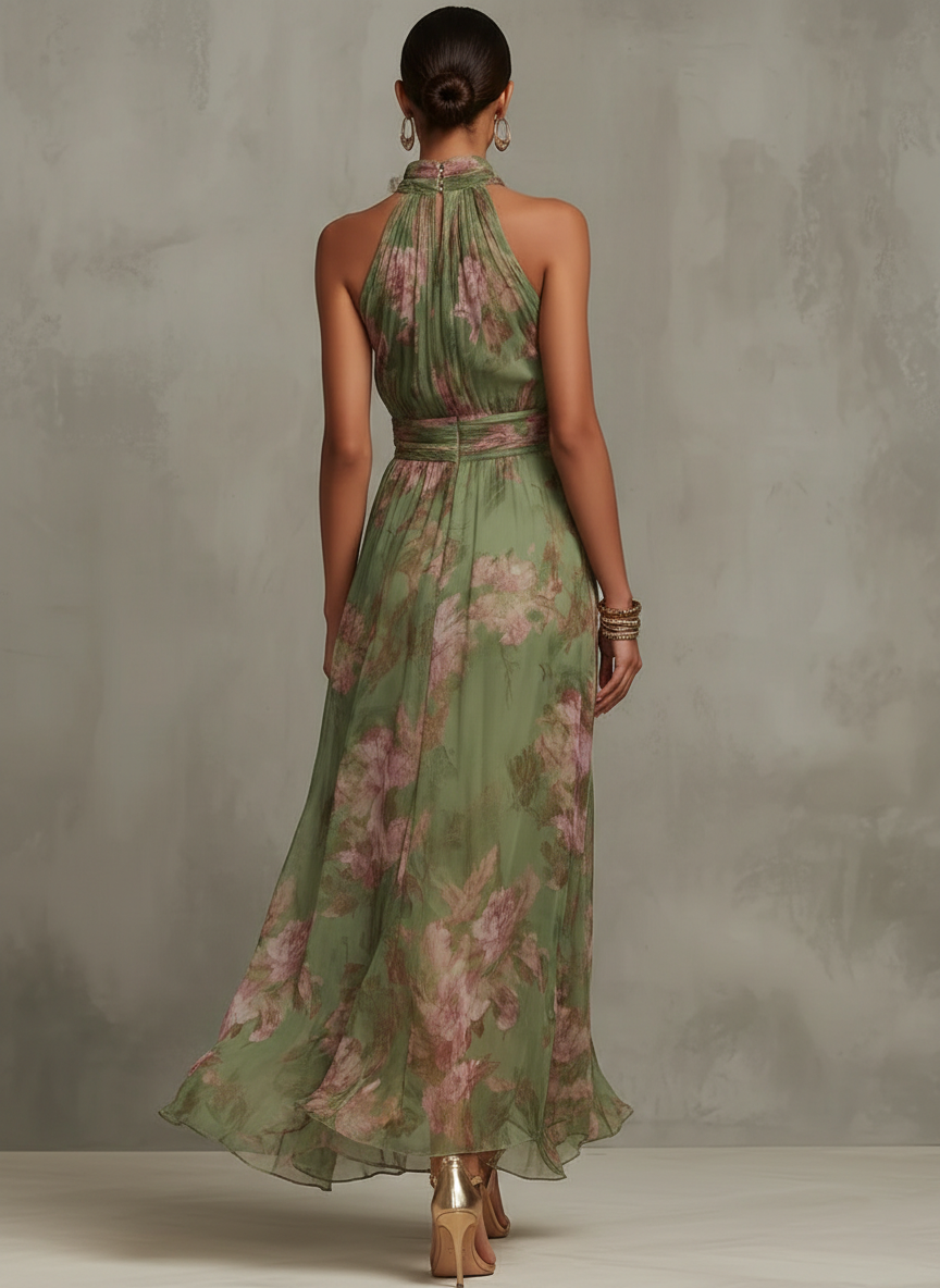 Dos Nu™ | Robe longue en mousseline fleurie verte