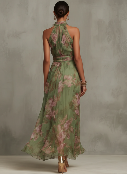 Dos Nu™ | Robe longue en mousseline fleurie verte