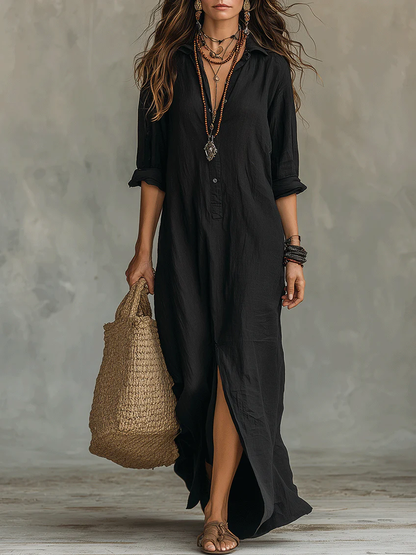 Lyris™ | Lockeres, schwarzes Maxikleid mit Knöpfen