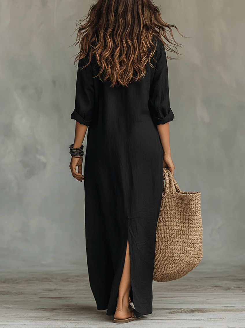 Lyris™ | Lockeres, schwarzes Maxikleid mit Knöpfen