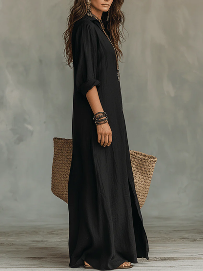 Virelai™ | Lockeres, schwarzes Maxikleid mit Knöpfen