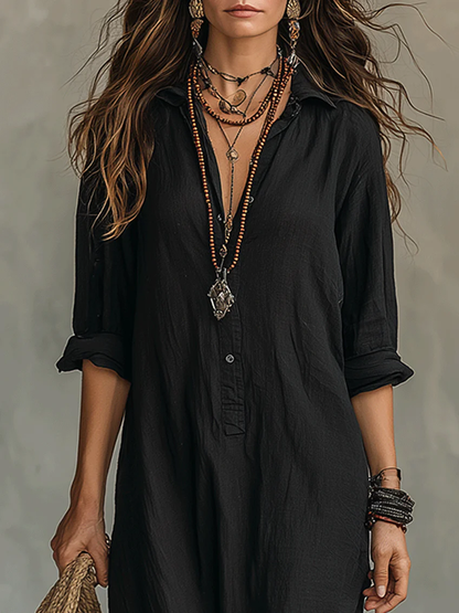 Lyris™ | Lockeres, schwarzes Maxikleid mit Knöpfen
