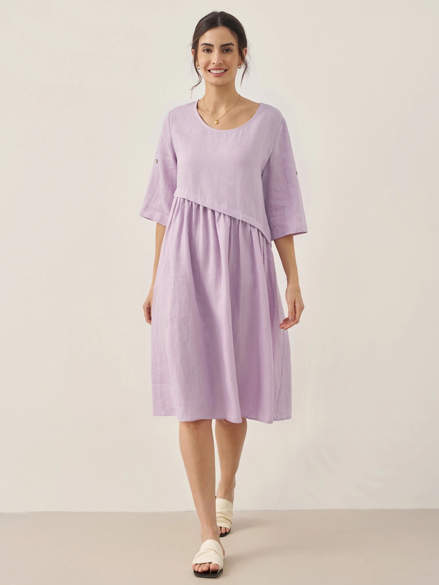 Lilou™ | Robe midi en lin à plis asymétriques