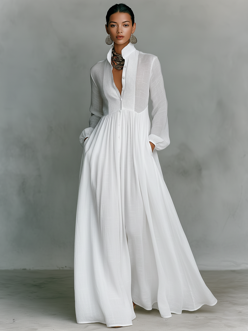 Urielle™ | Robe Maxi Coton-Lin Patchwork Col Montant