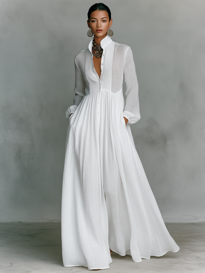 Urielle™ | Robe Maxi Coton-Lin Patchwork Col Montant