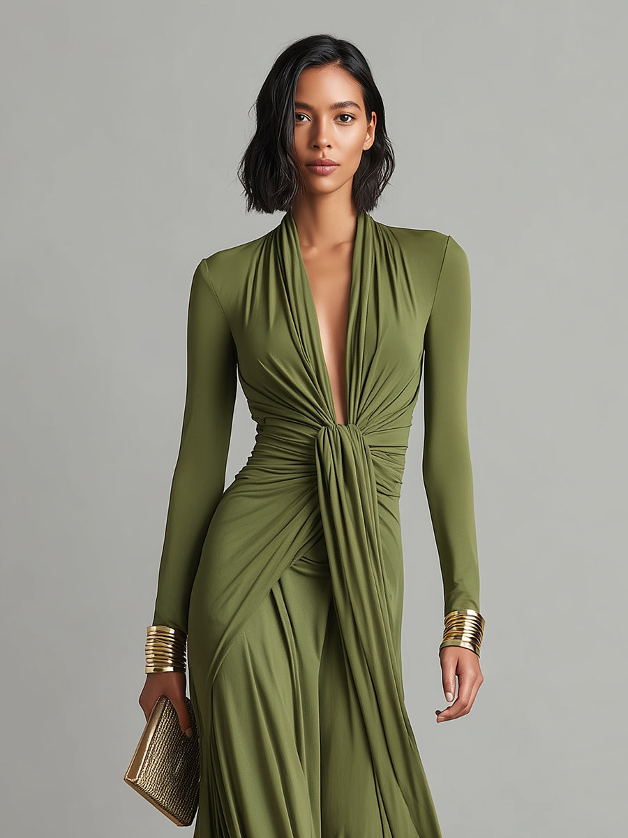 Floriane™ | Robe Maxi Vert Olive Col V