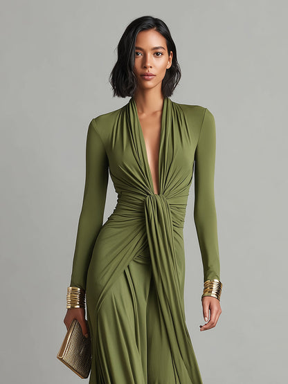 Floriane™ | Robe Maxi Vert Olive Col V