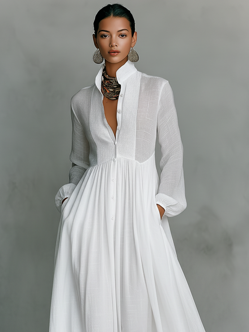Urielle™ | Robe Maxi Coton-Lin Patchwork Col Montant