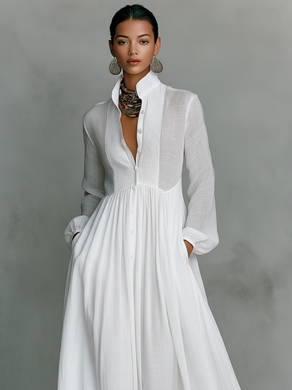 Urielle™ | Robe Maxi Coton-Lin Patchwork Col Montant
