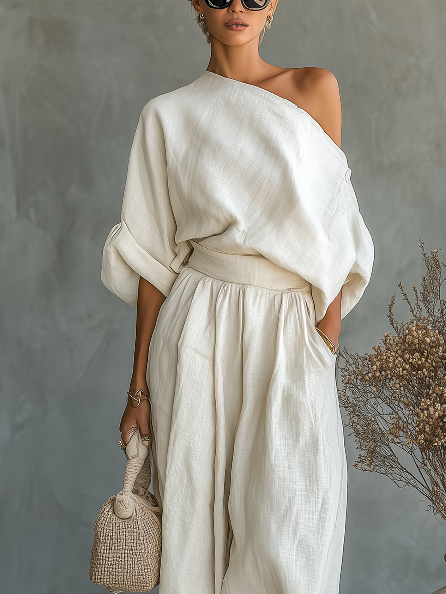 Brigittea™ | Ensemble en Lin Top Bardot et Pantalon Fuselé