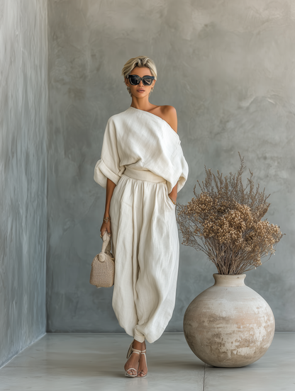Brigittea™ | Ensemble en Lin Top Bardot et Pantalon Fuselé