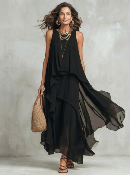 Noir™ | Robe longue en mousseline superposée