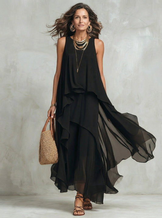 Noir™ | Robe longue en mousseline superposée