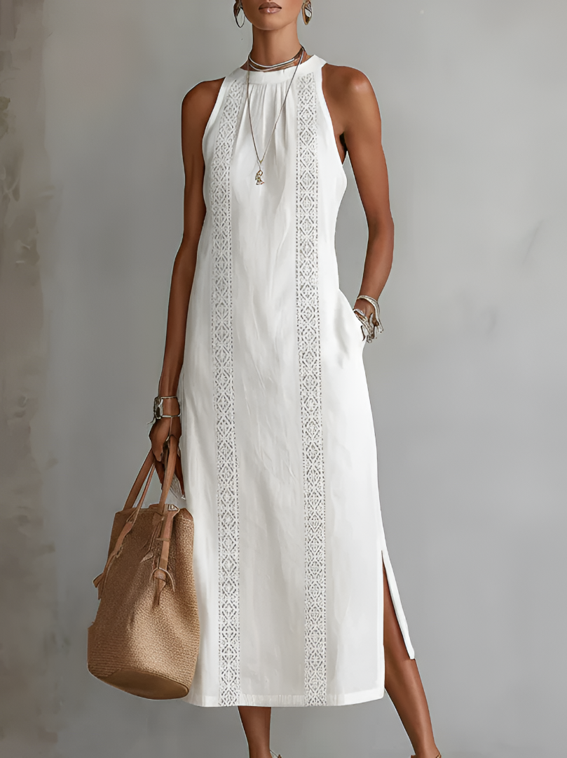 Jimena™ | Robe midi col mandarin brodé