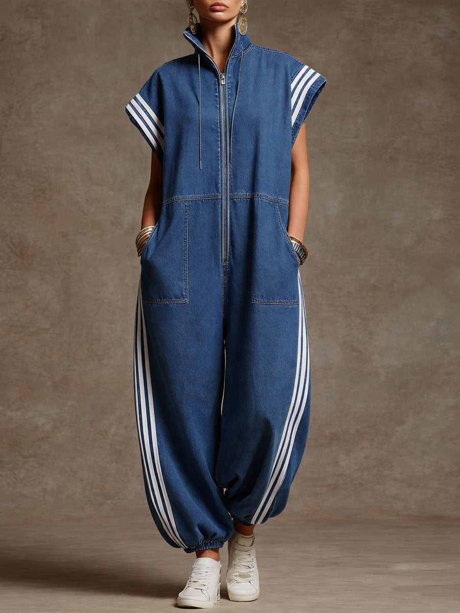 Combinaison en jean pour femme à col montant, manches courtes, décontractée, ample et à jambes larges