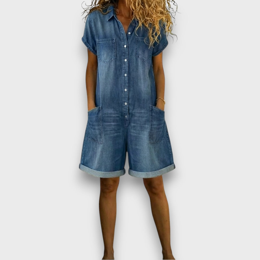 Joan™ | Salopette courte en coton effet denim