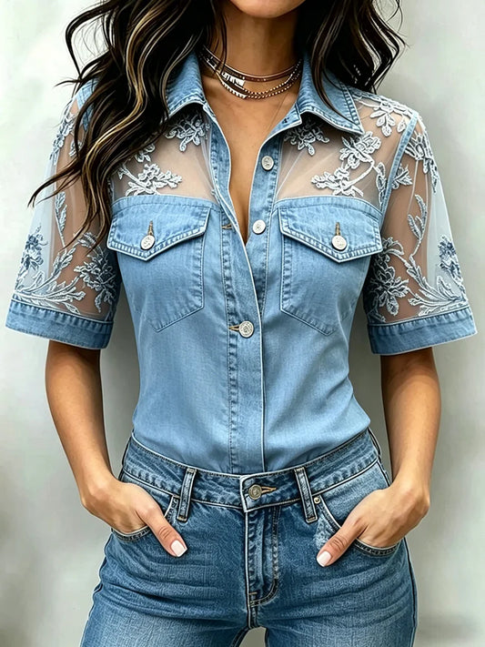 Marceline™ | Chemise en jean avec dentelle