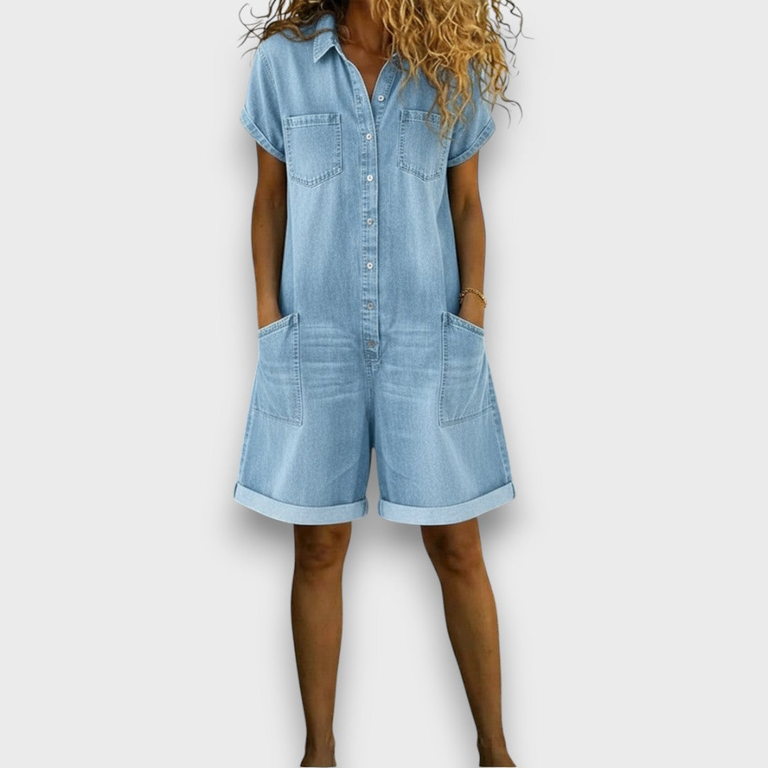 Joan™ | Salopette courte en coton effet denim